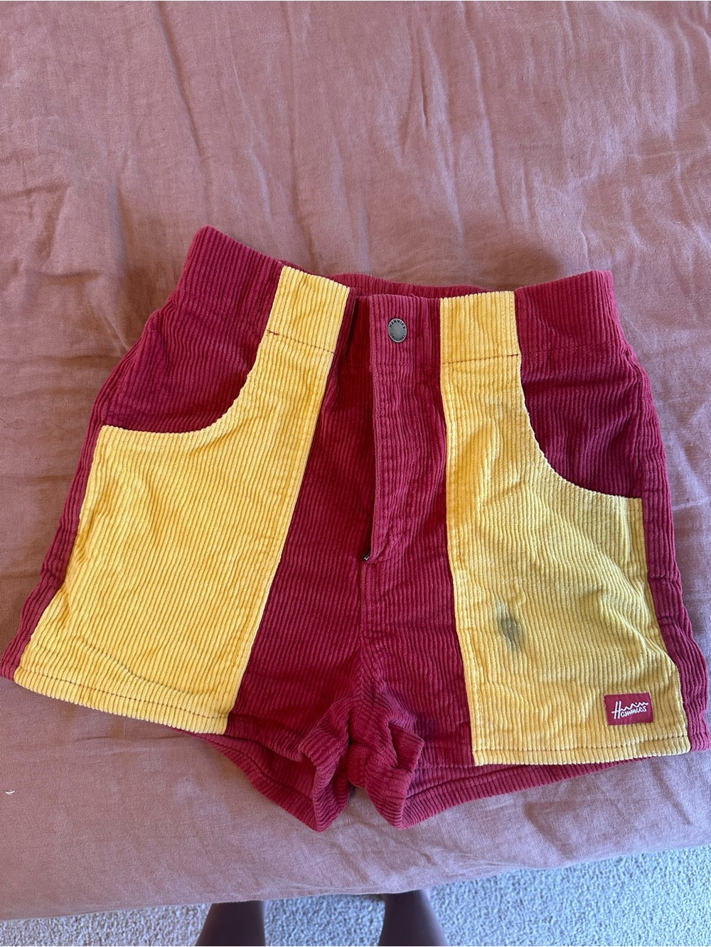 High-Waist Colorblock Corduroy Shorts in Maroon & Mustard